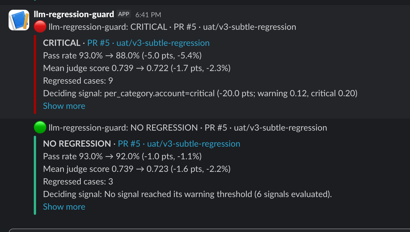 Slack alerts for PR #5: a red CRITICAL message with the pass-rate drop and the account category flagged, then a green NO REGRESSION message after the fix push